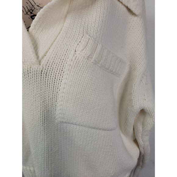 ZARA Thick Knit Polo Sweater Womens Large Semi Crop Pocket Cream Cottagecore - Picture 4 of 10
